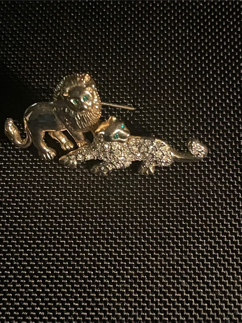Gold-Tone Lion and Leopard Crystal Animal Brooch - Gold with Green Eyes